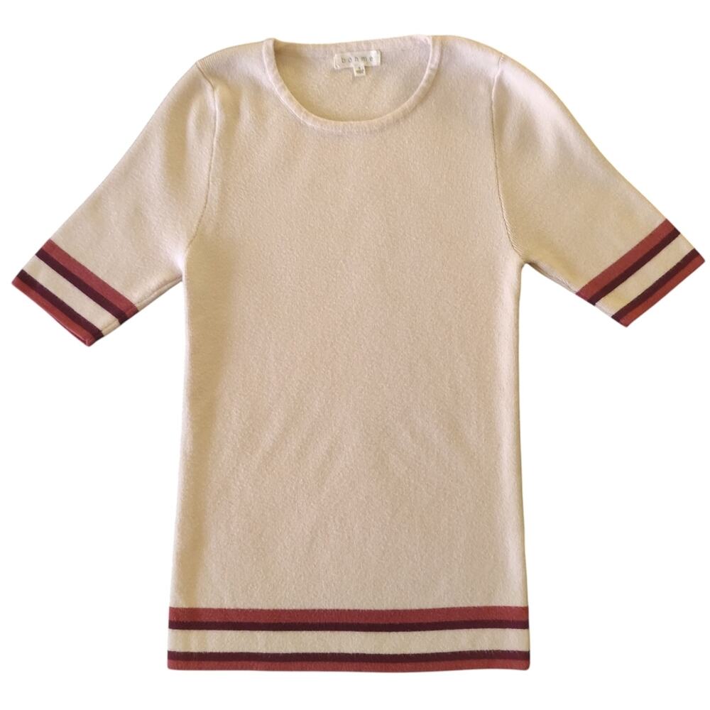 BOHME | Beige Short Sleeve Sweater Knit Top Varsity-Style Stripe Trim Shirt S